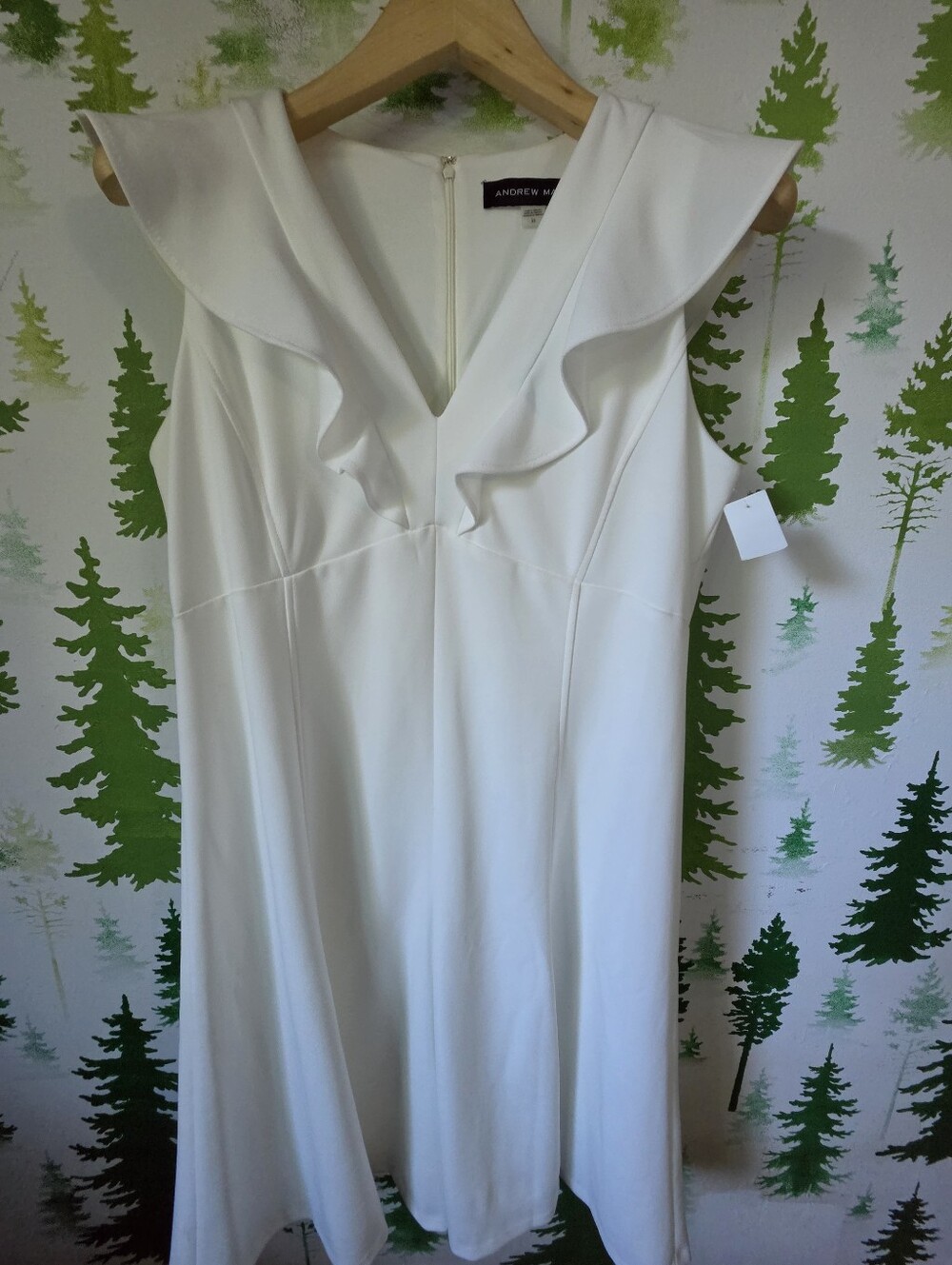 Andrew Marc White Ruffle V-Neck Midi Dress